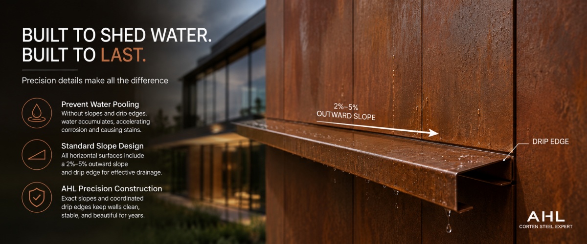 Lack of Drip Edges and Slopes Leading to Water Pooling and Corrosion on Corten Steel Siding